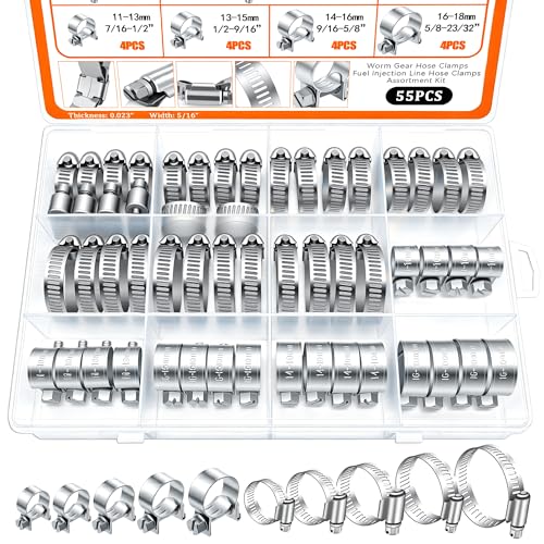 Image of Dianrui 55PCS Hose Clamp Assortment Kit 3 /8 inch Hose Clamps Stainless Steel 304 Worm Gear Hose Clamp & Fuel Injection Hose Clamps for Water Pipe, Plumbing, Tube and Automotive Diesel Petrol Pipe