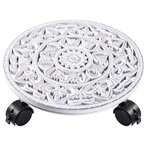 JIAYUAN 12 Inch Plant Caddy with Wheels White Rolling Plant Stand Farmhouse Heavy Duty Wood Planter Caddies Potted Round Indoor Outdoor Cover