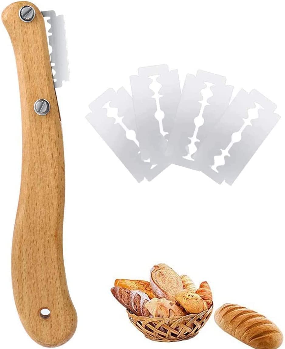 DELFINO Bread Slashing Tool, Dough Scoring Lame with Wood Handle Bread Bakers Cutter Dough Making Razor with 5 Blades for Bread Baking DIY Dough Making Razor Bread Bakeware Kitchen Cake Dessert Shop