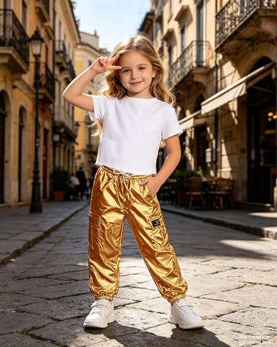 Image of SANGTREE Girls Shiny Hip Hop Outfits,Crop Top Cargo Joggers,4T‑14Y
