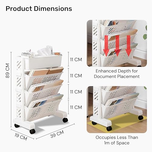 Image of JD FRESH Plastic Mobile Bookshelf with Wheels /Multilayer Deskside Bookcase Rotatable Rolling File Cart Organization Shelf for School /Classroom /Home /Office (4 Tier)