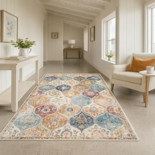 ARUGYTEI Alfombra lavable, 80 x 140 cm, diseño floral vintage, color azul, naranja, rojo y beis, pelo corto, adecuada para pasillo, cocina, suelo radiante