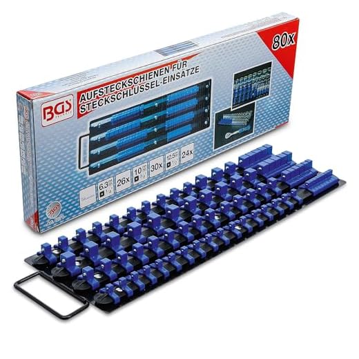 BGS 67158 | Halter für Steckschlüssel-Einsätze | 3-tlg. | Klemmleiste | Nusshalter | Aufsteckleiste | Steckschlüssel-Organizer 2 BGS 6871 | Aufsteckschienen-Set für Steckschlüssel-Einsätze | mit 80 Clips | für Einsätze 6,3 mm (1/4"), 10 mm (3/8"), 12,5 mm (1/2")