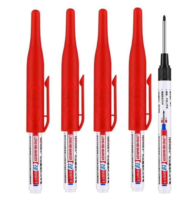 4 Pcs Multi Purpose Deep Hole Marker Pens,Long Nib Head Marker Waterproof Colorful Carpenter Pen for Bathroom Woodworking Decoration,Red Black Blue