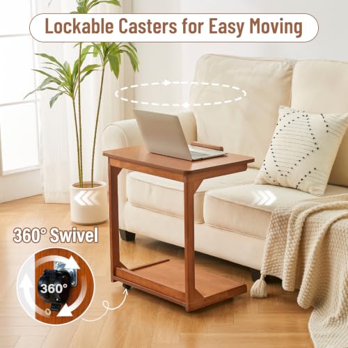 Image of Uniclinens Rolling Side Table, C Shape End Table Slide Under Sofa, Couch Tables, Wooden Sofa Desk with Wheels, Small TV Tray for Laptop Living Room Bedroom, Teak