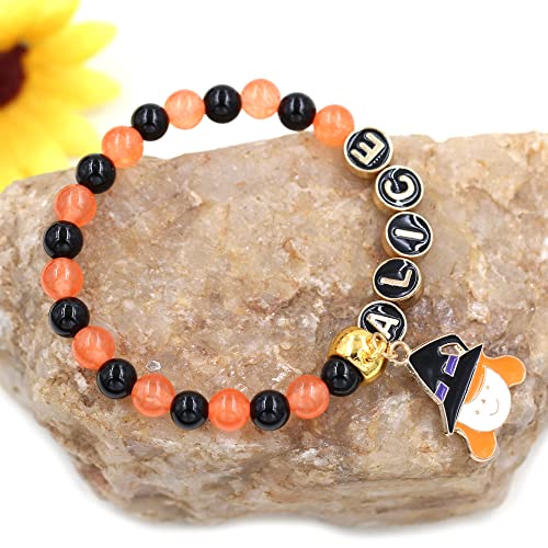 Image of Uloveido Black Orange Jade Charms Halloween Bracelets All Saints' Gift - DIY Customized Name Beaded Bracelet