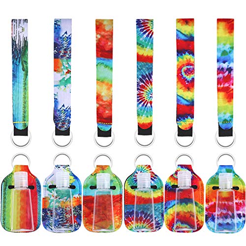 18 Pieces Empty Travel Size Bottle with Keychain Holder Set, Includes 6 Reusable Refillable Flip Cap Bottle 30 ml, 6 Keychain Holder Pouch, 6 Wristlet Keychain Lanyard for Soap Liquid Toiletry