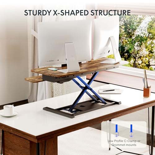 Image of FLEXISPOT 40 inch Electric Motor Desk Converter, Sit to Stand Monitor and Laptop Workstation, Height Adjustable Riser with Wide Keyboard Tray, Rustic Color