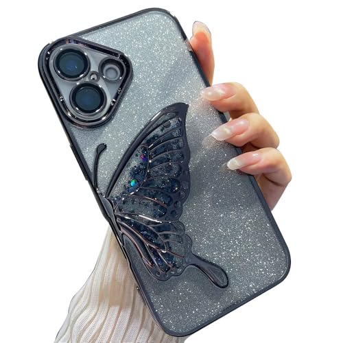 Image of mobistyle Designed for iPhone 16 Plus Cover with Glitter Cute Butterfly Electroplate Plating Design Back Cover Case for Women Teen Girls [ Silicone | Black ]
