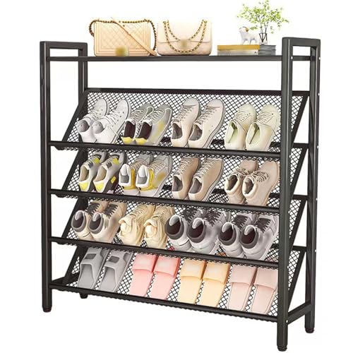 HSDXBA Shoe Rack, Space-Saving 4-Tier Shoe Organizer Shelf and Top Panel, Industrial Metal Storage Rack Vertical Shoe Shelf for Closet Hallway Bedroom Entryway Garage,Black