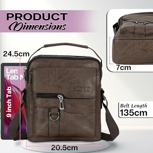 Image of Storite Textured PU Leather Sling Shoulder Bag for Men & Women | 4 Zip Pocket Crossbody Messenger Bag for Office & Travel | Dark Brown | 24.5 x 7 x 20.5cm