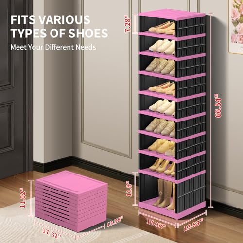 Image of CIMLORD 9-Tier Foldable Shoe Rack Organizer with Doors, 18 Pairs,Black-Pink | Collapsible Slim Shoe Rack for 18 Pairs, Lidded Boxes, Stackable, Clear Door, Easy Assembly, for Closet