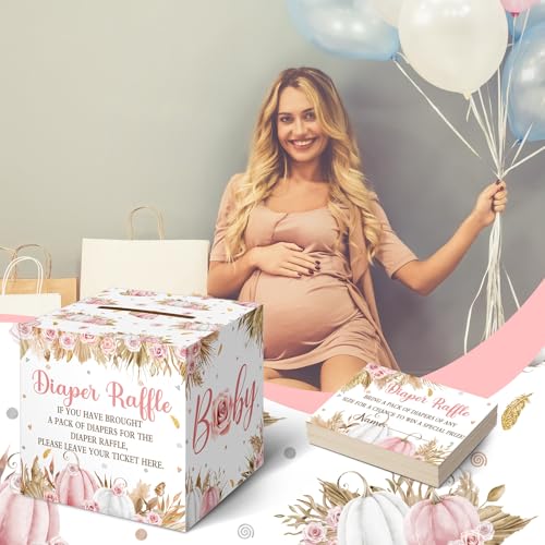 Image of Teling 51 Pcs Fall Pumpkin Diaper Raffle Ticket with Box Baby Shower Holder