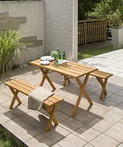 Takasho Wooden Picnic Table Bench Set Indoor Outdoor Furniture for Garden Patio Terrace Camp Balcony, Occasional Beach with Natural Colour (1 Table, 2 Benches)