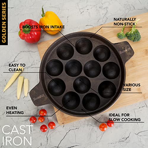 Image of Sumeet Super Smooth Gold Series Pre Seasoned Cast Iron Appam Patra for Paniyaram /Appe /Ponganalu /Paddu |25cm 2.560kg, 12 Pit.