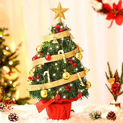 Unomor 22inch Tabletop Christmas Tree: Artificial Christmas Tree with 50 LED String Lights Christmas Ball Ornaments for Christmas Decoration Supply