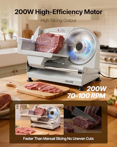Image of VEVOR Meat Slicer, 7.5 inch Electric Deli Slicer with SUS420 Blade & 0-0.6 inch Adjustable Thickness, 200W Home Food-Slicer for Frozen Meat, Ham, Baguett, Steak, UL Approved