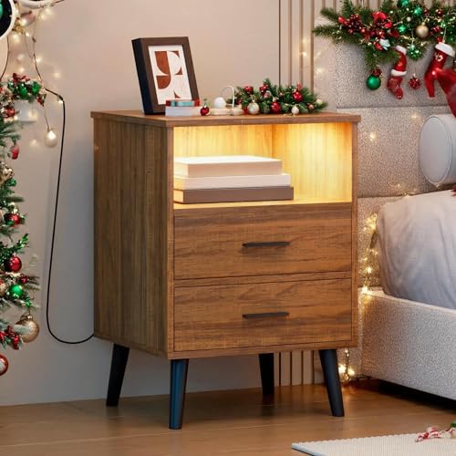LVSOMT Brown Bedroom Nightstand with Charging Station and LED Lights, Modern Bedside Table with Hidded Drawer, Smart Night Stand with Open Storage Shelf, USB Port, Metal Legs