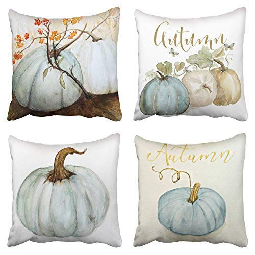 Tarolo Set of 4 Decorative Throw Pillow Case Cover Autumn Pumpkins White Blue Gray Cinderella Pumpkin Fall Watercolor Home Square Decor Pillow Cases Covers Cushion Sofa Size 20x20 Inches Double Sided