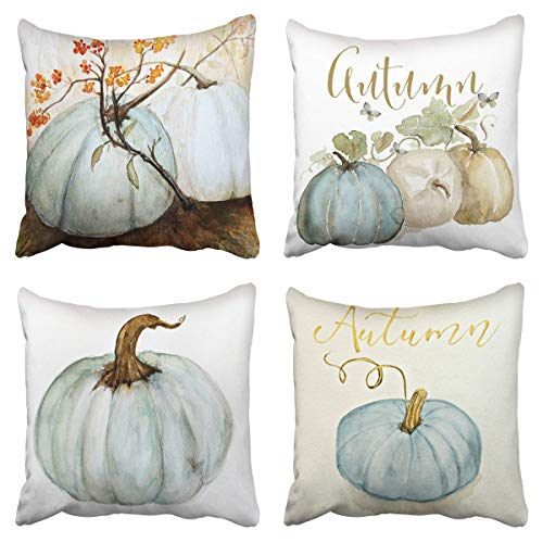 Tarolo Set of 4 Decorative Throw Pillow Case Cover Autumn Pumpkins White Blue Gray Cinderella Pumpkin Fall Watercolor Home Square Decor Pillow Cases Covers Cushion Sofa Size 18x18 Inches Double Sided