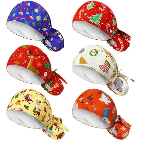 Jadive 6 Pcs Satin Lined Working Hat Adjustable Scrub Caps Working Cap with Button Sweatband Long Hair Head Cap Elastic Bandage Hats for Women Men(Christmas,Classic Pattern) Cover