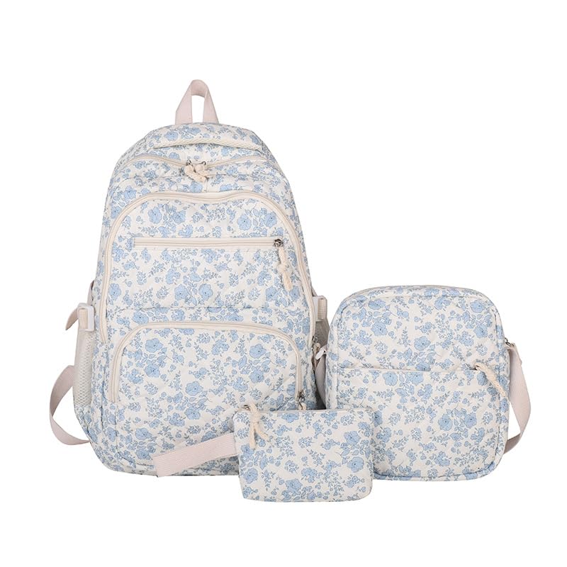 Floral Pattern Backpack Set, 3-Piece Travel Bag Collection with Lunch Box, Lightweight Cloth Material, 16.9 inch Height (blue)