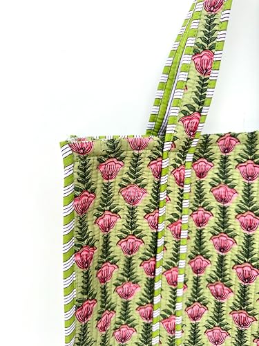 Image of Quilted Cotton Handprinted Reversible Large multicolor Floral Tote Bag,Hand Block Print Shopping Shoulder Carry Bag