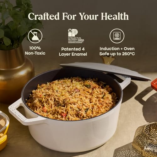 Image of Cumin Co. Enamel Cast Iron Dutch Oven with Lid | Induction, Dishwasher, Oven Safe | 100% Toxin-Free Surface | Biryani Pot Heavy Bottom | Cast Iron Casserole (Malai (White), 16 CM)