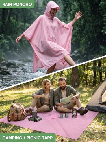 Image of PTEROMY Hooded Rain Poncho for Adult, Waterproof Lightweight Unisex Raincoat for Hiking Camping Emergency