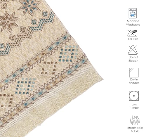 Image of Elegant Woven Beige Sofa Cover - Soft Chenille Traditional Pattern with Lace Style | L-Shape Sectional Seat Protector for Living Room | Durable & Stylish Slipcover 5 Seater Sofa Cover