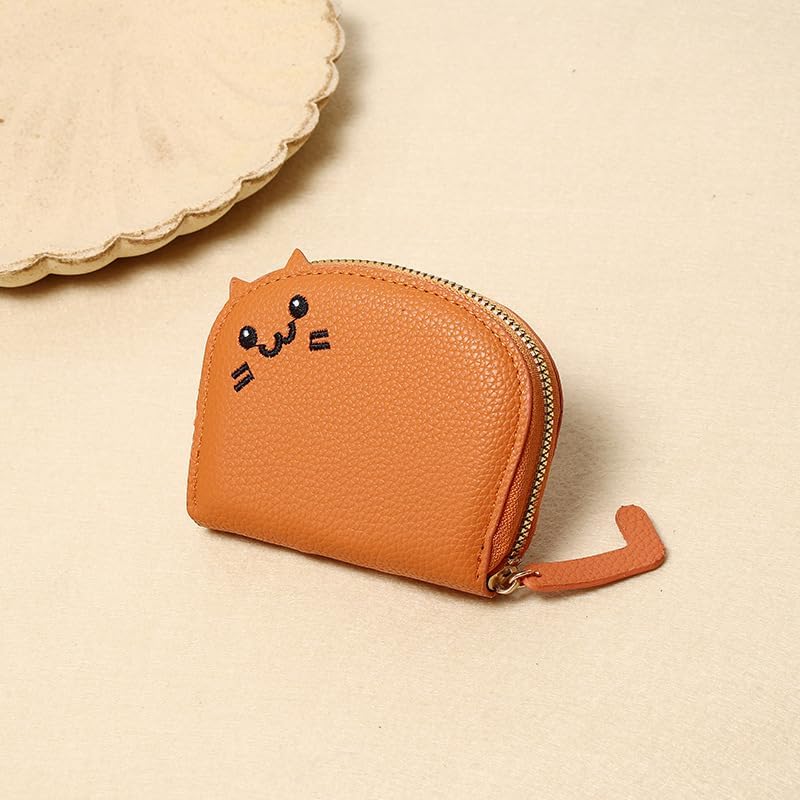 Cat Themed Card Holder, Cute Multi-Slot Compact Wallet, Animal Print Coin Purse with Keychain for Women, Orange