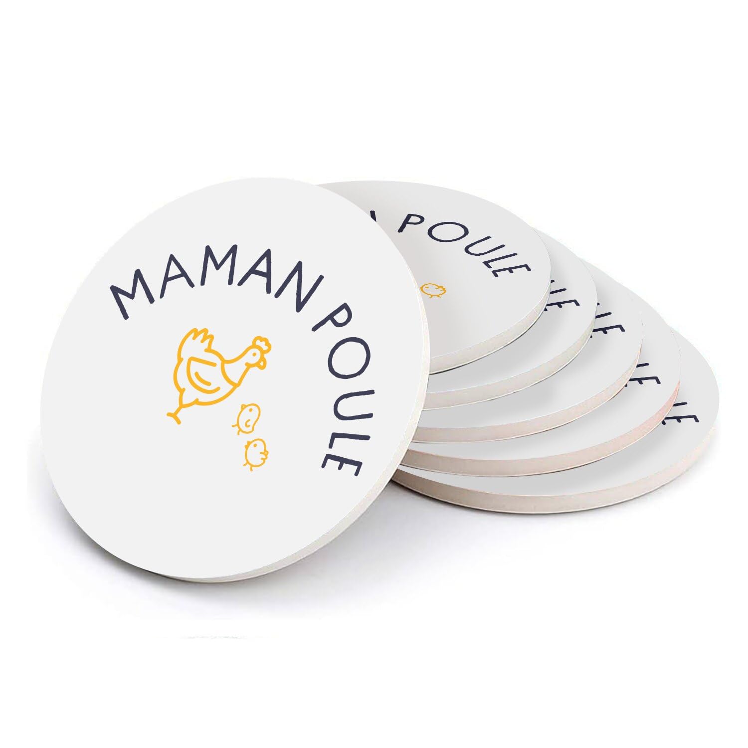 Sous-verre ronds en céramique premium - Décoration Maman Poule haute finition x6
