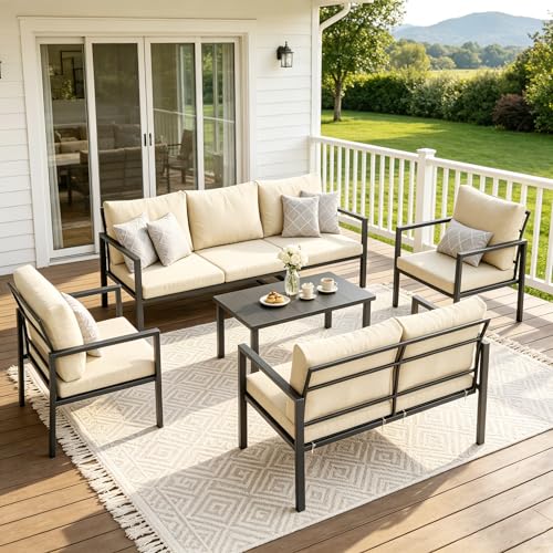 Image of 5 Pieces Metal Patio Furniture Set Deck Outdoor Furniture 7-Seat Patio Conversation Sets All-Weather Rust-Proof Sectional Sofa Set with Removable Cushion for Deck, Balcony, Yard, Poolside