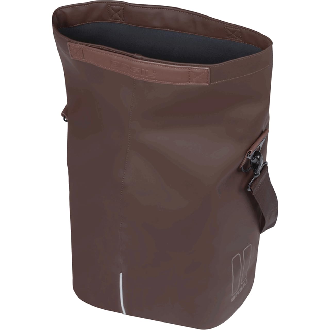 Basil Fahrradshopper MIK Hooks – 14–16L – Veganes Leder – Wasserfester Faltverschluss mit Magnet – Innenfach mit Reißverschluss – LED – Reflektierend – Abnehmbarer Schultergurt – Rostbraun