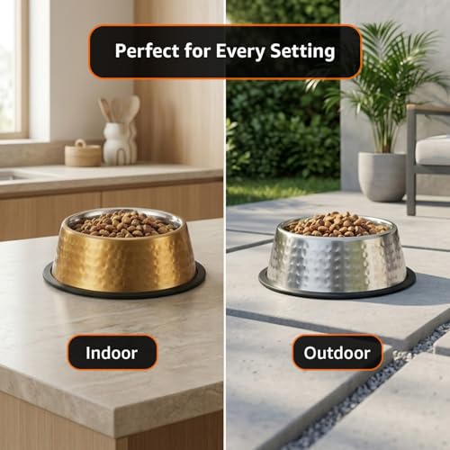 Image of Amazon Basics Stainless Steel Pet Feeding Bowls for Dog & Cats | Set of 2 | Anti Slip Base | Hammered - Copper & SS Shiny 345 ml Each