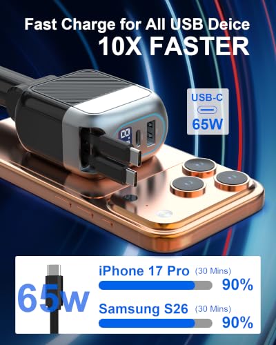 Image of 170W Dual USB C Retractable Car Charger, 4-in-1 Fast Charging Car Adapter | Super Fast Charging for MacBook Pro, iPhone 17 /16 /15, Samsung, iPad Pro & AirPods, Ideal Car Accessory Gift for Men and Women
