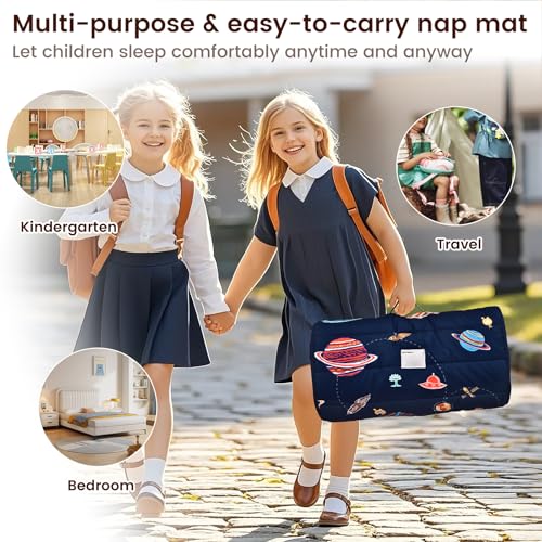 Image of PHF Soft Toddler Nap Mat with Removable Pillow, Rollup Design Kids Sleeping Mat, Slumber Bags for Boys, 50 inchx20 inch Toddler Sleeping Bag for Daycare Preschool Travel Camping, Space