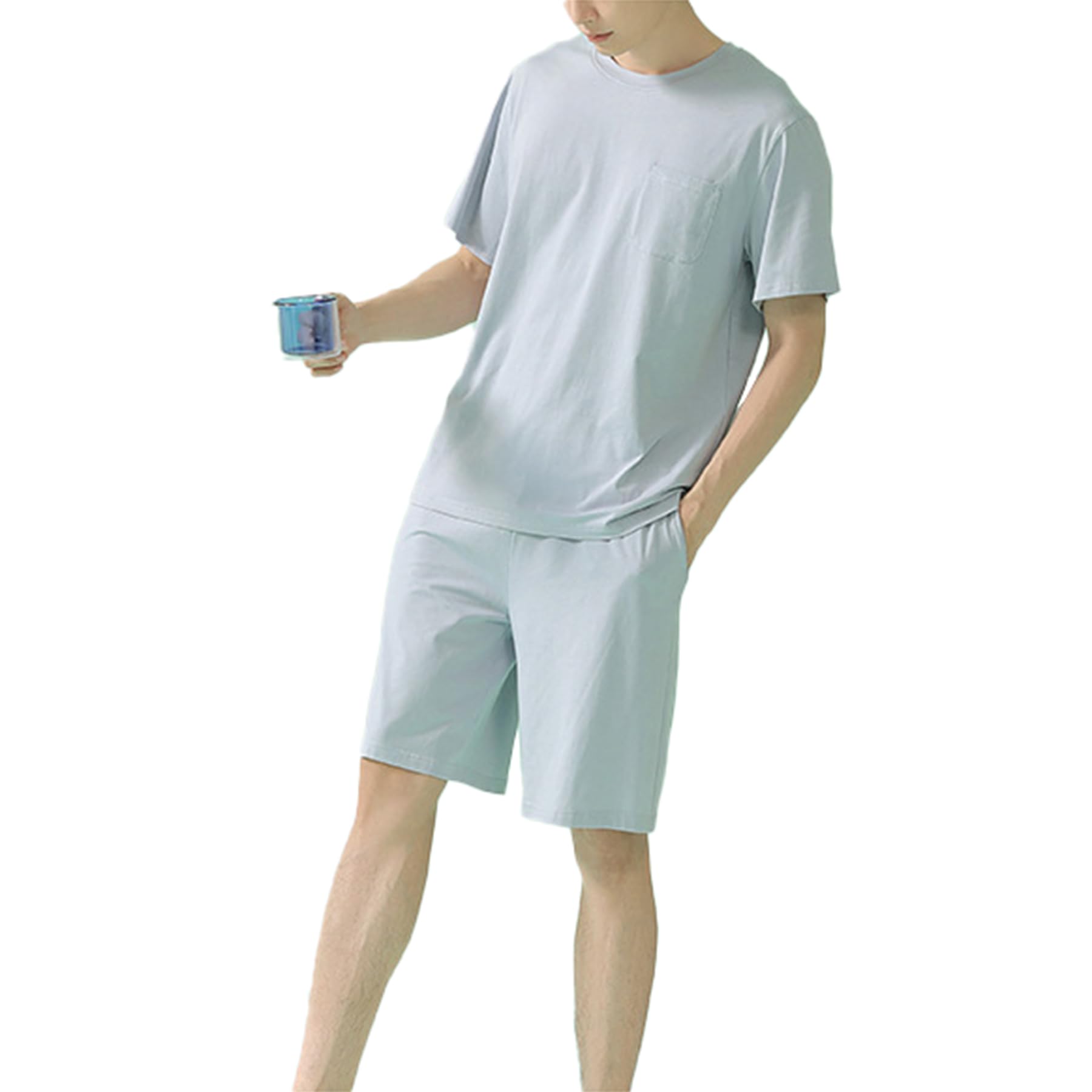 Herren-Pyjama-Set, 2-teilig, Sommer, kühles Gefühl, kurzärmelig, kurze Hose, einfarbig, dünner Abschnitt, Homewear Set