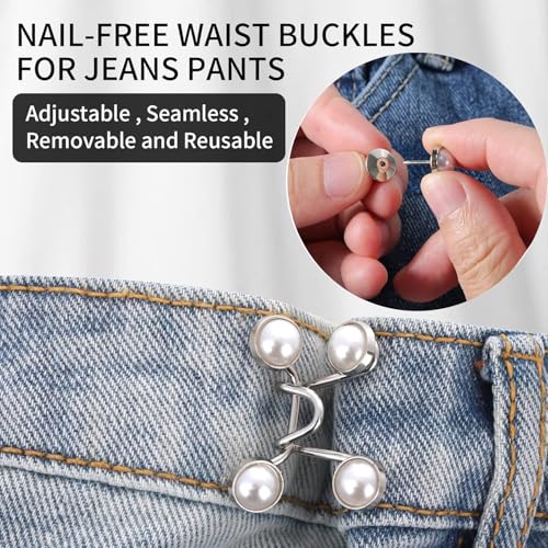 Image of Adjustable Waist Buckle for Loose Jeans Pants Pearl Detachable Instant Button Pins Tightener Fit Skirt Robe Tightening Extender Skirts Jean Teddy Clips