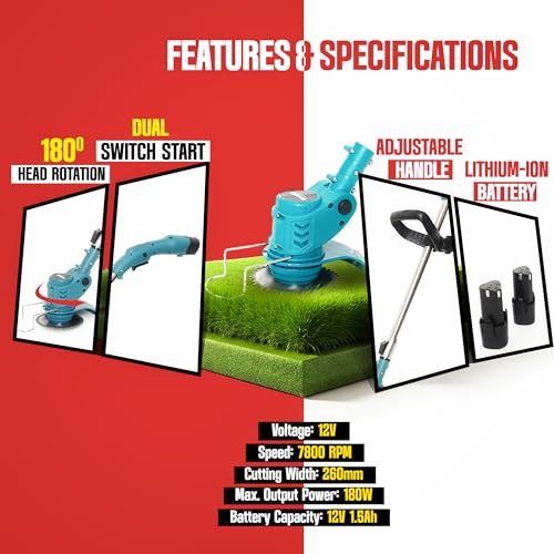 Image of OMADA Cordless 12V Grass Cutter /Trimmer | 180mm Cutting Width | 2-in-1 Mower & Trimmer | Adjustable Height | 3 Different Blades | Lightweight & Portable | Lawns & Gardens | TOP Customer Support