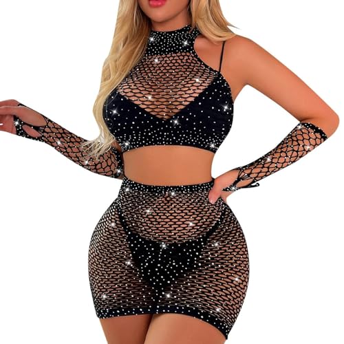 Conjunto De Lencería Sexy Vestido De Rejilla Mejuer Fishnet Teddy Bodysuit Babydoll con Pedrería Ropa Interior con Guantes (Negro, Talla única)