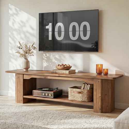 TRIBEWOOD 63-Inch Solid Wood TV Stand, 2-Tier Farmhouse Entertainment Center with Open Storage Shelves for Living Room Bedroom, Wood Television Console for 55/60/65/75-Inch TVs
