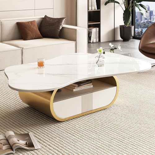 SSLine Modern Cloud Coffee Table Luxury Sintered Stone Top Coffee Table with Sculptural Geometric Stainless Steel Base and Storage Drawer,White Marble Grain Center Table for Living Room,Gold