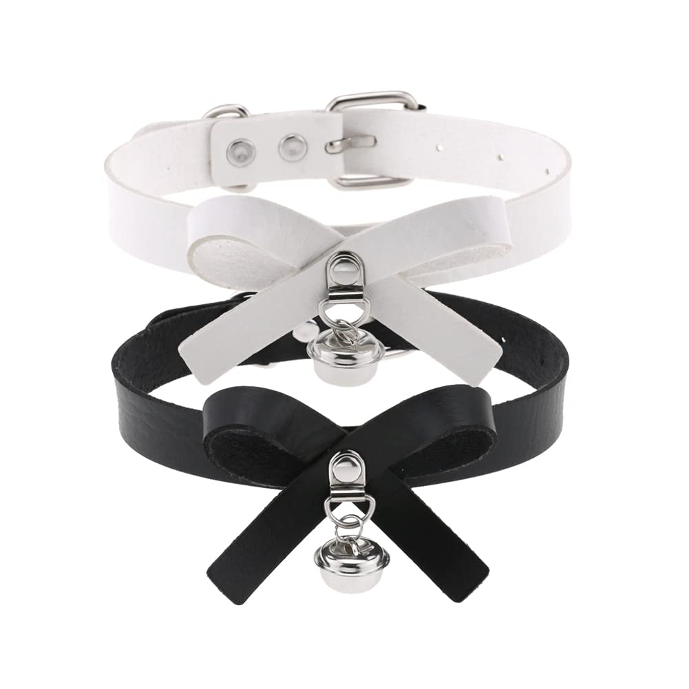 Reyin-Chhn Unisex Multicolour 2 Pcs Adjustable Kawaii Choker Collar Necklace Pu Leather Bow Choker With Bell Cute Cat Cosplay Necklace Neckband Sexy Lolita Choker Jewelry For Women