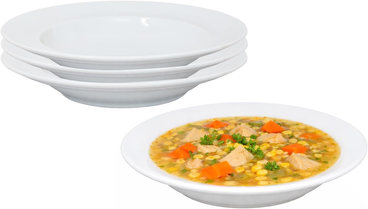 Vintage White Soup Plates, 22.5cm Soup Plate with Rim, Set of 4 Premium Porcelain Salad Pasta Bowls, Deep Food Plates for Home, Restaurants, Durable, Microwave & Dishwasher Safe