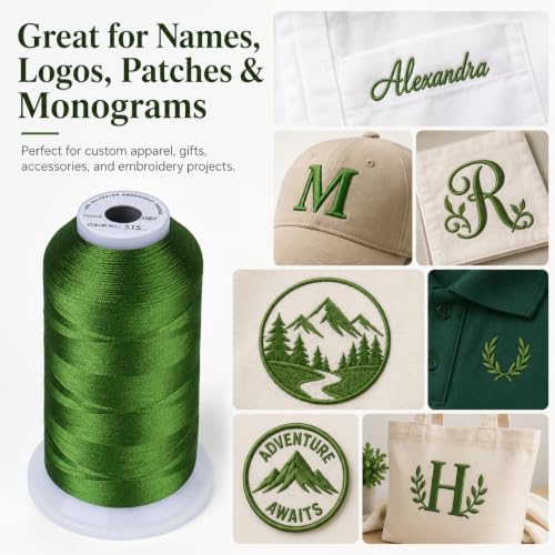 Image of Simthread 5500Yds Embroidery Thread, 5000M High-Yardage 40WT 100% Polyester Thread - 170+ Vivid Colors, High-Speed Rated - Compatible with Brother, Singer, Janome & More - Moss Green 515 | 5000M 40WT polyester thread feeds smoothly for home or commercial embroidery projects.