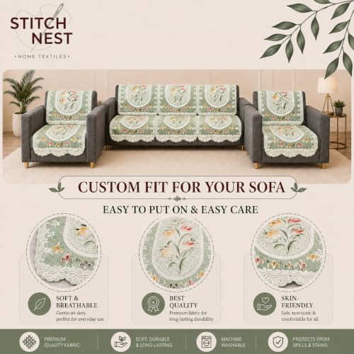 Image of STITCHNEST Florenza Blue 10 Piece Cotton Net Sofa Slip Cover |5 Seater
