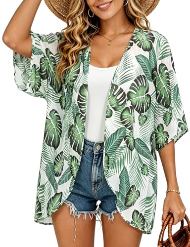 Image of FINOCEANS Womens Floral Chiffon Kimono Cardigans Loose Beach Cover Up Half Sleeve Tops