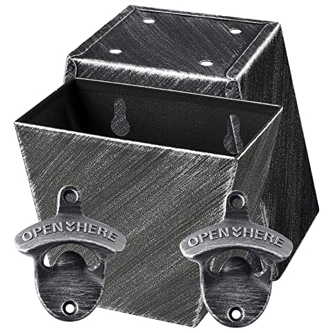 HAIICEN Antique Silver Beer Bottle Opener Wall Mounted Soda Bottle Cap Opener with Cap Catcher Holder Drained for Table Cooler Post (Pack of 2) Cover