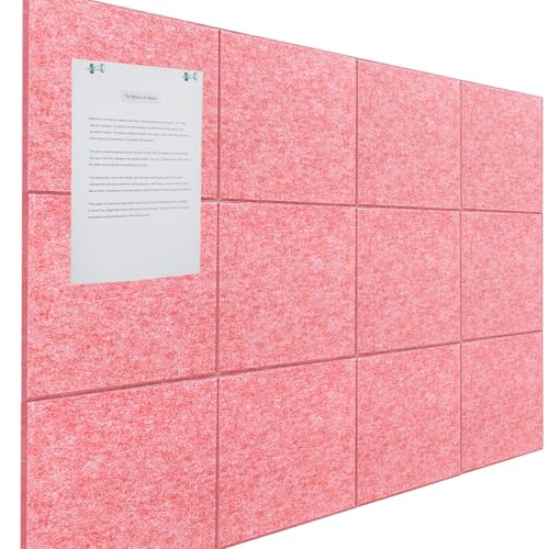 Large Cork Board Alternative - 12 Pack Felt Wall Tiles Office Decor Cork Board for Office, Cork Boards for Walls, Pink Bulletin Board Pin Board with Safe Adhesive for Office/Home/School